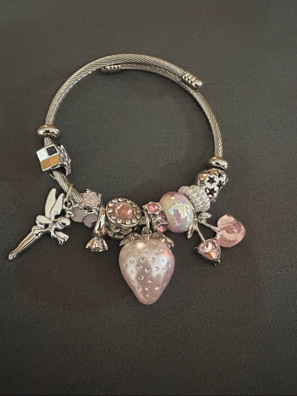 Silver-Tone Charm Bracelet with Pink Strawberry and Fairy Charms